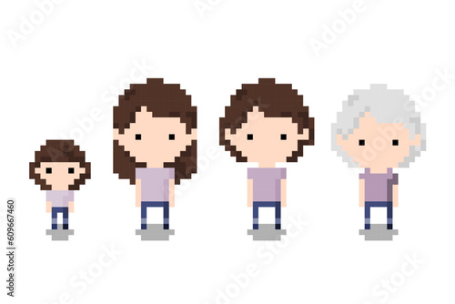 Set of Icon growing girl, woman, old woman, Pixel 8-bit style