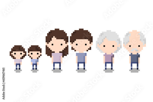 Set of Icon growing couple from boy - girl, man - woman, old couple, Pixel 8-bit style