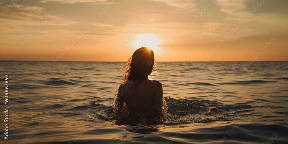Fototapeta premium A young beautiful woman stands with her back against the background of the sea and the seashore, in the rays of the setting sun. Generative AI