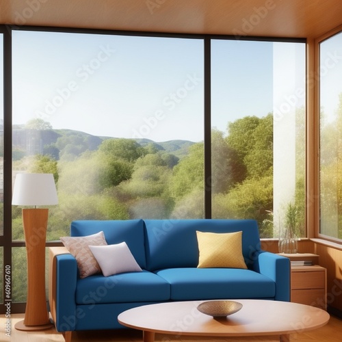 photo of a minimalist living room and sofa with a beautiful view with generative AI technology © Almas Ikhwan