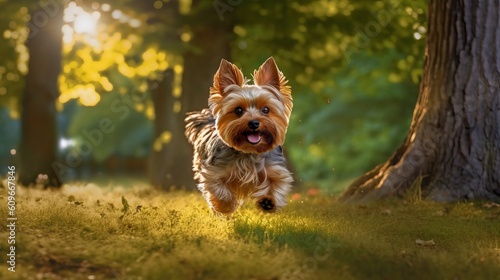 Illustration of a playful Yorkshire Terrier running through a meadow created with Generative AI technology © AI Visual Vault