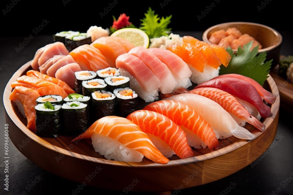 food set seafood meal roll fish rice japanese japan sushi. Generative AI. food set seafood meal roll fish rice japanese japan sushi. Generative AI.