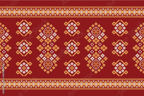 Ethnic geometric fabric pattern Cross Stitch.Ikat embroidery Ethnic oriental Pixel pattern red background. Abstract,vector,illustration. Texture,clothing,scarf,decoration,motifs,silk wallpaper.