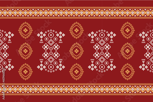 Ethnic geometric fabric pattern Cross Stitch.Ikat embroidery Ethnic oriental Pixel pattern red background. Abstract,vector,illustration. Texture,clothing,scarf,decoration,motifs,silk wallpaper.