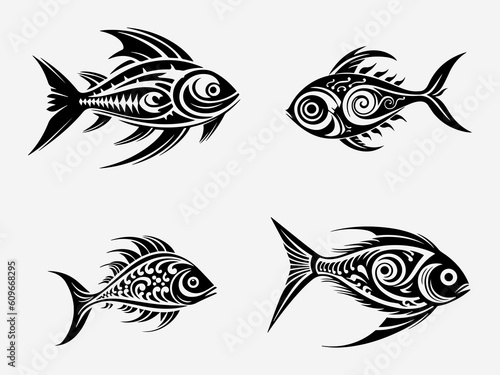 Bold and captivating hand drawn illustration of a fish tribal tattoo, symbolizing grace, adaptability, and transformation Generative AI