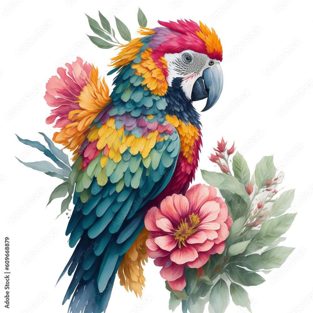 Obraz premium Watercolor colorful macaw parrot Clipart, South American parrot with tropical leaves and floral flower , Cute Parrot art transparent
