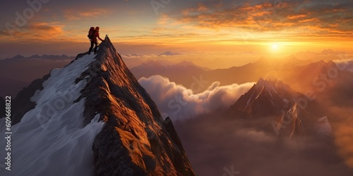 A climber scaling a majestic mountain peak at dawn, concept of Mountain climbing, created with Generative AI technology