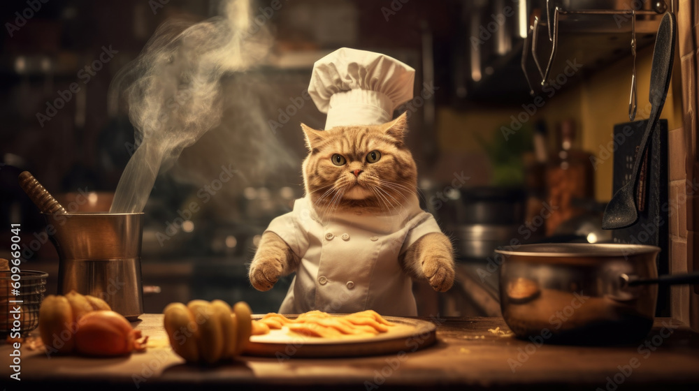 Cat chef in the kitchen prepares food. AI generated. - obrazy, fototapety, plakaty 