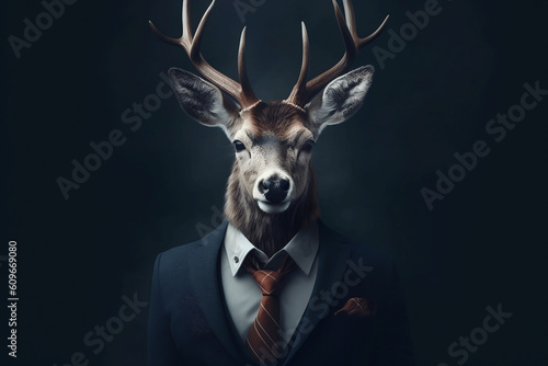 Portrait of a Deer dressed in a formal business suit, Boss Deer, created with generative AI