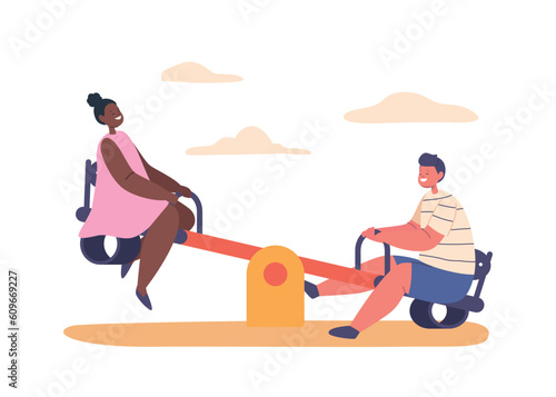 Children Characters Joyfully Playing On Teeterboard Swings, Giggling And Soaring Through The Air, Vector Illustration