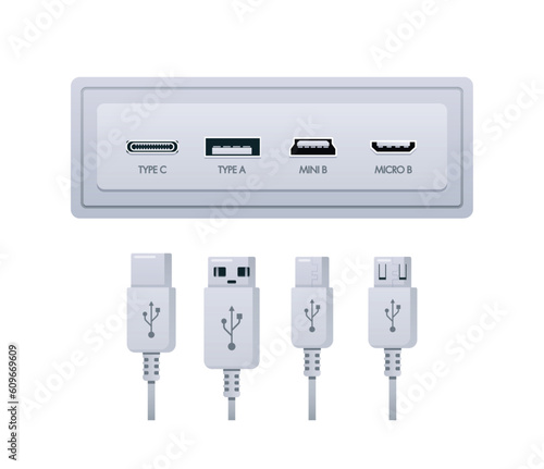 Usb Socket Plug Types Include Type A, Type C, Mini and Micro B Isolated on White Background, Vector Illustration