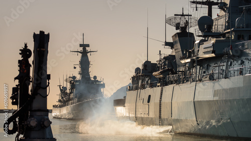 WARSHIPS - A Portugal Navy missile frigate and German Navy missiler frigate moored in the port