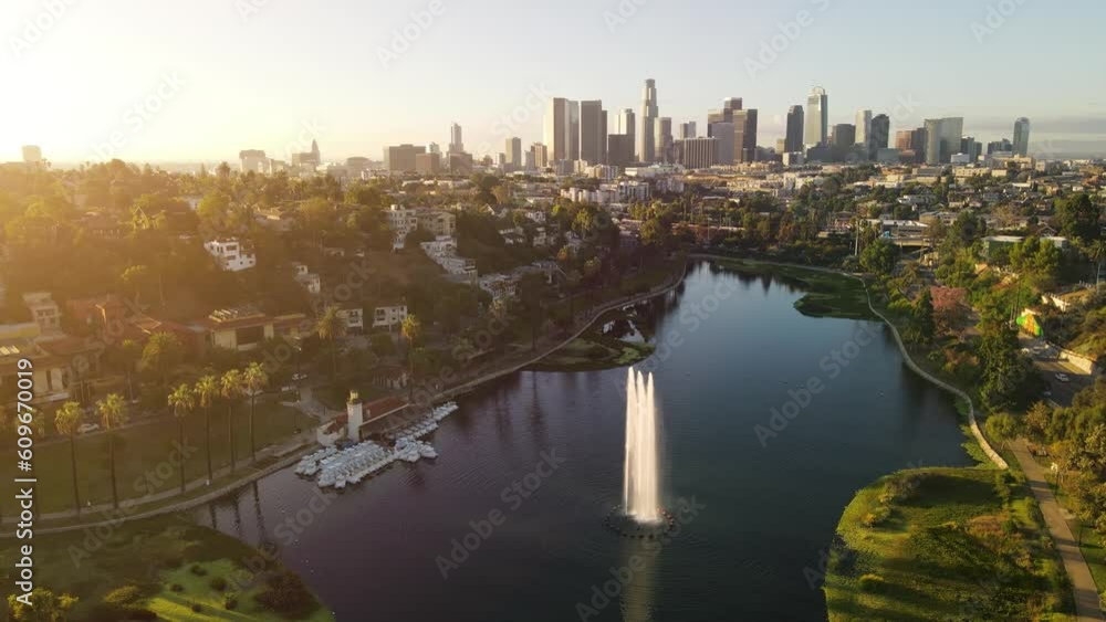 Aerial shot of flying over Echo Park Lake towards downtown Los Angeles in the morning Aerial shot of flying over Echo Park Lake towards downtown Los Angeles in the morning