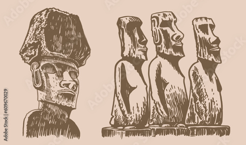Graphical big vintage set of moai statues on sepia background, vector elements. Archeological artifacts 