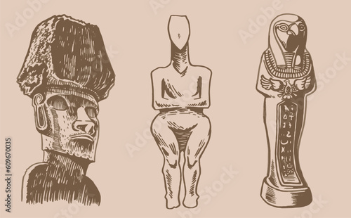 Graphical vintage set of landmarks, vector  God ptah,  holy mother statue and moai 