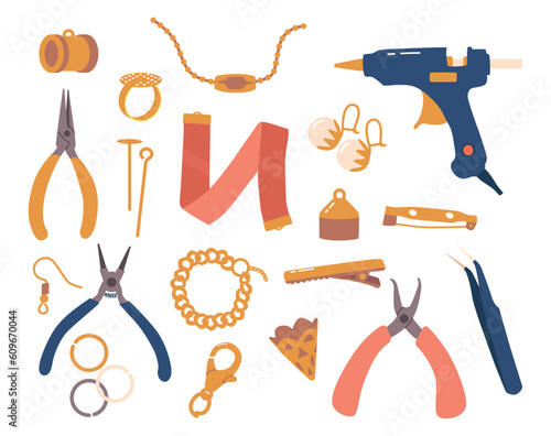 Set Of Jewelry Fittings And Tools, For Bijouterie Making And Repair. Variety Of Essential Components Vector Illustration