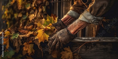 Hands in thick gloves, the old man carefully clears the sycamore leaves blocking the gutters of his rustic country home, concept of Home Maintenance, created with Generative AI technology