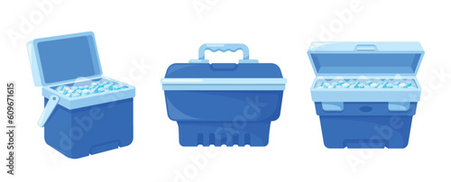 Closed and Open Compact Containers Refrigerators with Ice, For Storing Food And Beverages. Efficient Cooling System