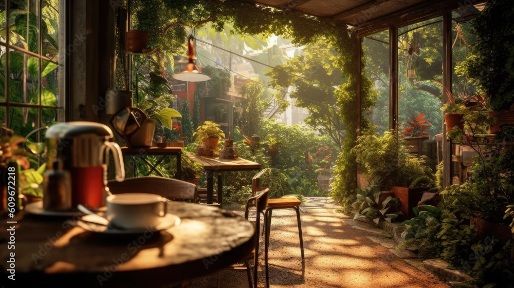 coffee sunshine morning vintage outdoor cafe plants garden created with Generative AI technology