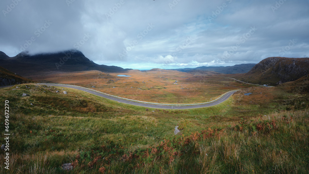 Amazing panorama of a mountain road in the Scottish Highlands. North West Highlands, Scotland Amazing panorama of a mountain road in the Scottish Highlands. North West Highlands, Scotland