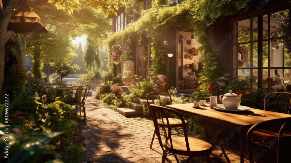 coffee sunshine morning vintage outdoor cafe plants garden created with Generative AI technology