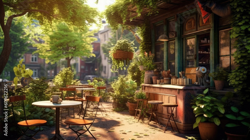 coffee sunshine morning vintage outdoor cafe plants garden created with Generative AI technology