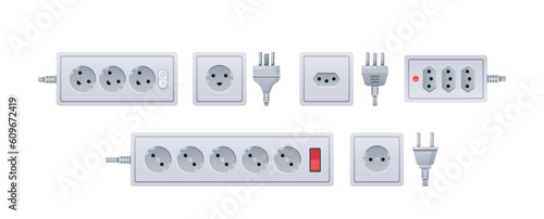 Plugs and Socket Types. Uk, Us, Eu, Au, Universal, Three-pin, Two-pin Round Adapters. Connection Power Appliances Set