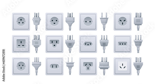 Standard Socket Plugs Including Type A, Type C And Type G. Different Shapes And Prong Configurations Vector Illustration