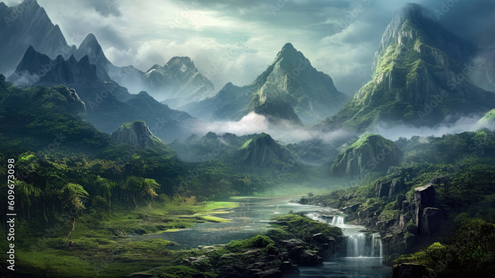fantastic nature scene with mountains and seas created with Generative ...