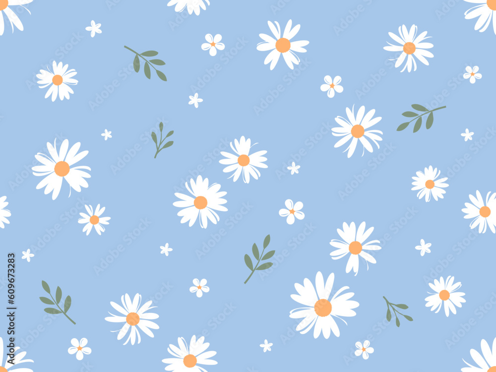 Seamless pattern with daisies and green leaves on blue background vector.