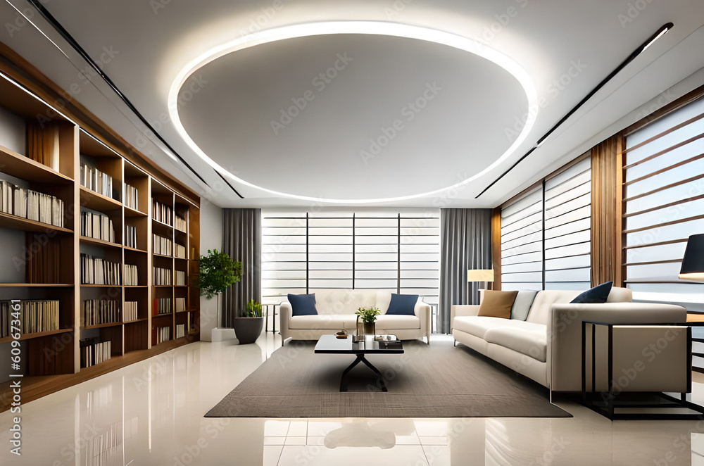 interior design of the reading and resting area that has sofas, tables and bookshelves in the wall space.