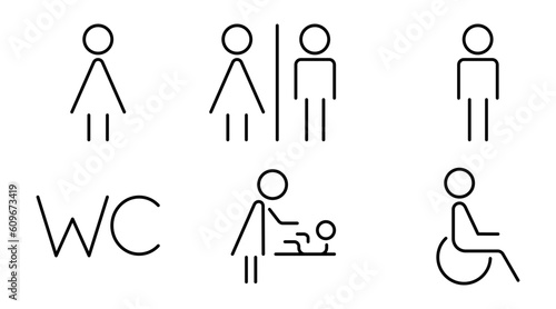 A set of line toilet icons. WC signs: man, woman, mother swaddling baby, person in a wheelchair. Editable stroke