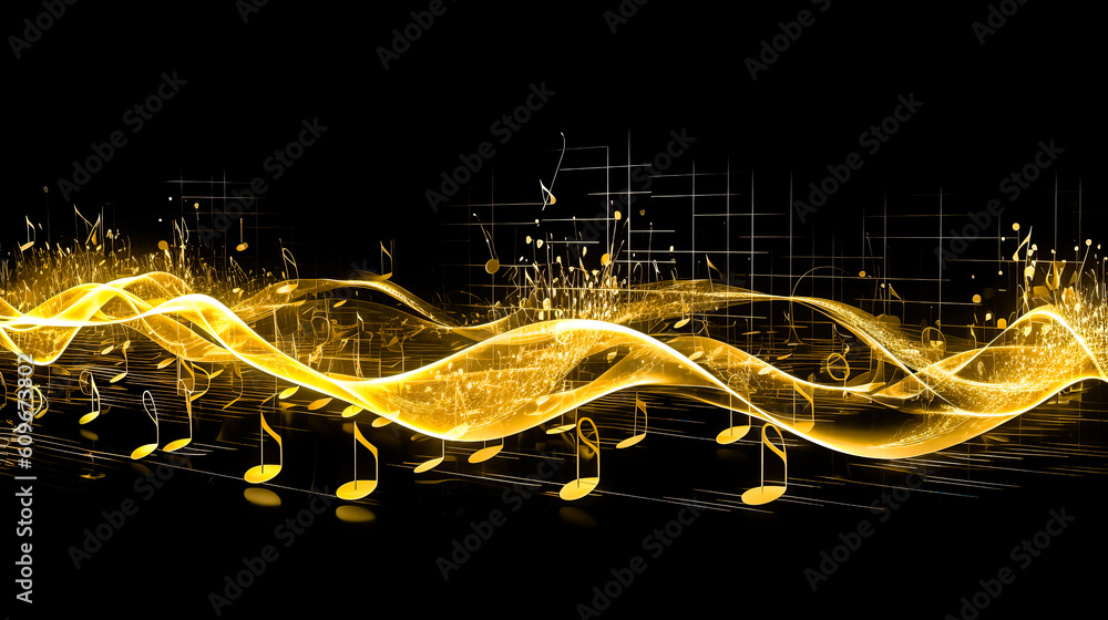 Golden Wavy Lines With Light Effect And Music Notes On Black Background ...