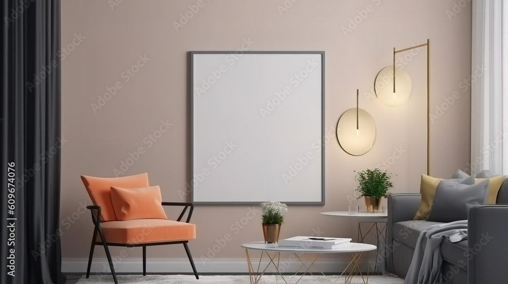 Fototapeta premium Retro interior with big wall frame for copy space. Generative Ai