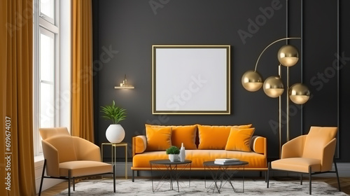 mock up poster frame in modern interior background  living room. Generative Ai