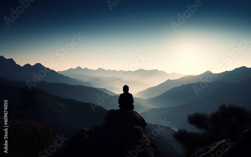 Silhouette of person sitting on a mountain. Meditation. Generative AI technology.
