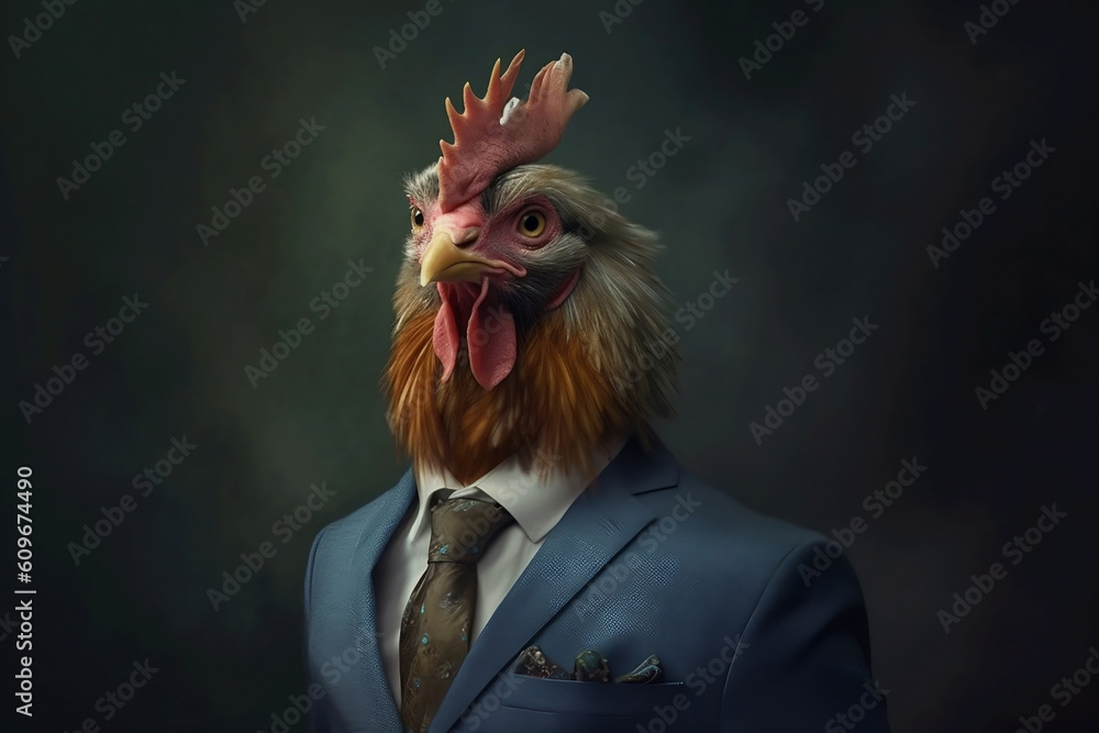 Portrait of a Chicken dressed in a formal business suit, Boss Chicken, created with generative AI