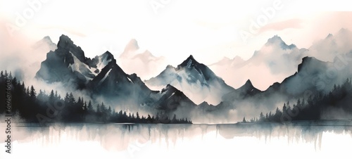 Watercolor painting of beautiful mountains  mountain peak landscape with forest fir trees  panorama banner illustration for logo or other design  isolated on white background    Generative Ai 