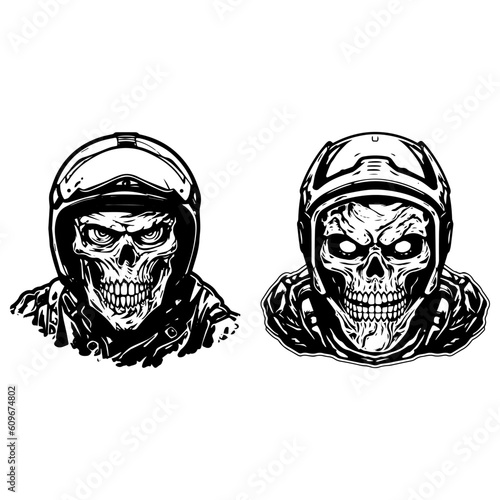 Unique hand drawn logo design featuring a skull zombie with a motorcycle biker helmet, representing rebellion, danger, and a fearless spirit Generative AI