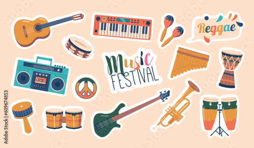 Lively Reggae-inspired Set Of Musical Instruments Stickers, Perfect For Creating Authentic Caribbean Rhythms