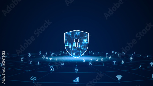 Canvastavla Blue digital security shield logo with futuristic technology icon and line conne