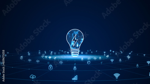 Blue lightbulb LOGO with line connection and data transfer to futuristic icon technology abstract background and creative idea concept