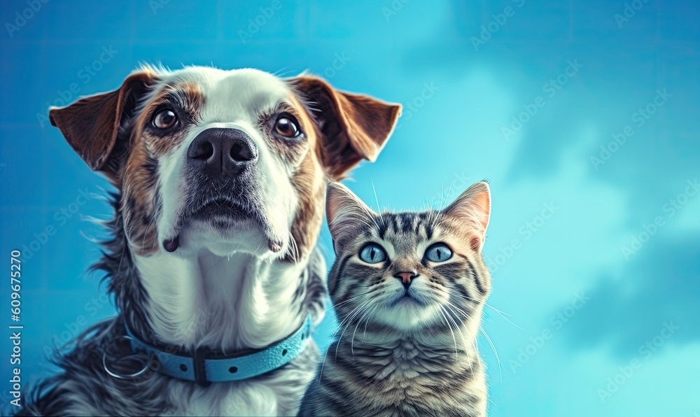 Cat and dog together on blue background. Created with Generative AI tools