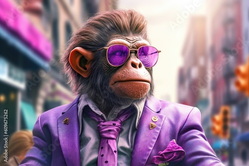 Chimpanzee in sunglasses and a purple jacket on the background of the city. Created with Generative AI tools