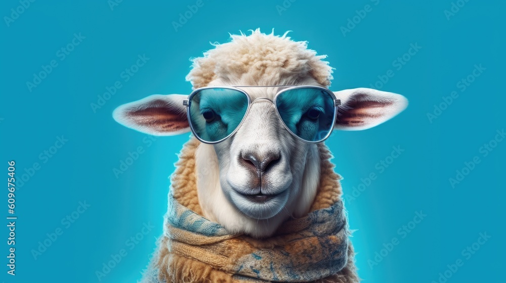 Portrait of a funny sheep with sunglasses and scarf on blue background. Created with Generative AI tools
