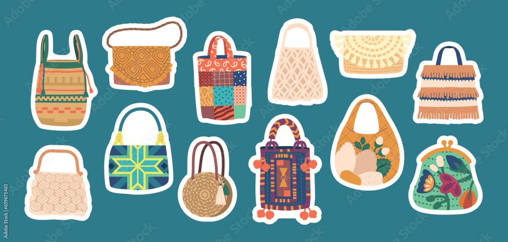 Exquisite Ethnic Bags Isolated Stickers Set. Unique Patterns And Vibrant Colors Perfect For Adding Touch Of Elegance