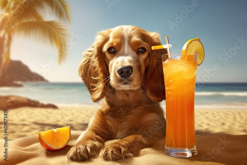 Cute cocker spaniel with a glass of orange juice on the beach. Created with Generative AI tools