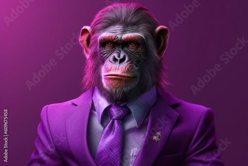 Portrait of a chimpanzee in a purple suit on a purple background. Created with Generative AI tools © DIGITALSHAPE