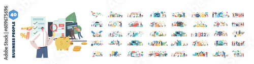 Big Set of Scenes and Situations with Business Characters. Men and Women with Graphs and Charts Engaged in Investment