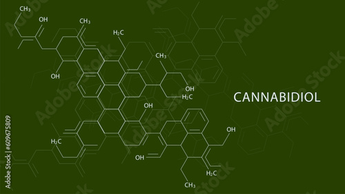 Chemical formulas of cannabidiol (CBD) cannabis molecule. Has antipsychotic effects. Science background design concept.